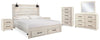 Cama tamaño King con paneles y almacenaje, cómoda, espejo, chiffonier y 2 mesitas de noche Cambeck