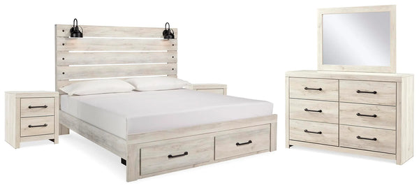 Cama King con almacenaje Cambeck, 2 cómodas, espejo y 2 mesitas de noche