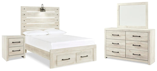 Cama de panel completo, cómoda, espejo y mesita de noche Cambeck