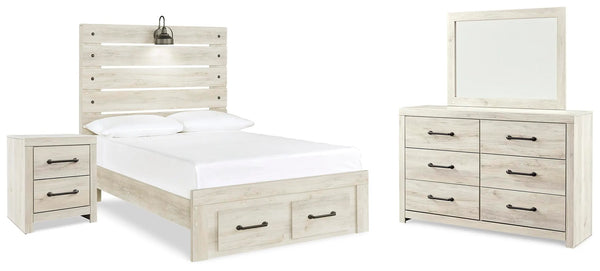 Cama de panel completo, cómoda, espejo y mesita de noche Cambeck
