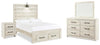 Cama de panel completo, cómoda, espejo y mesita de noche Cambeck