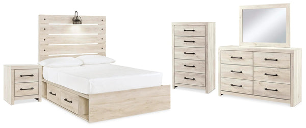 Cama con panel completo, cómoda, sinfonier y mesita de noche Cambeck