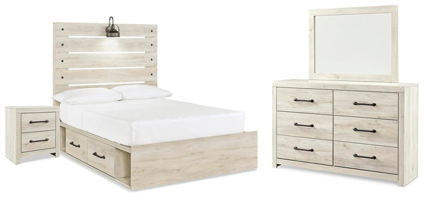 Cama con almacenaje de panel completo, cómoda, espejo y mesita de noche Cambeck