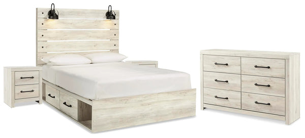 Cama Queen Cambeck con paneles y almacenamiento, cómoda y 2 mesitas de noche