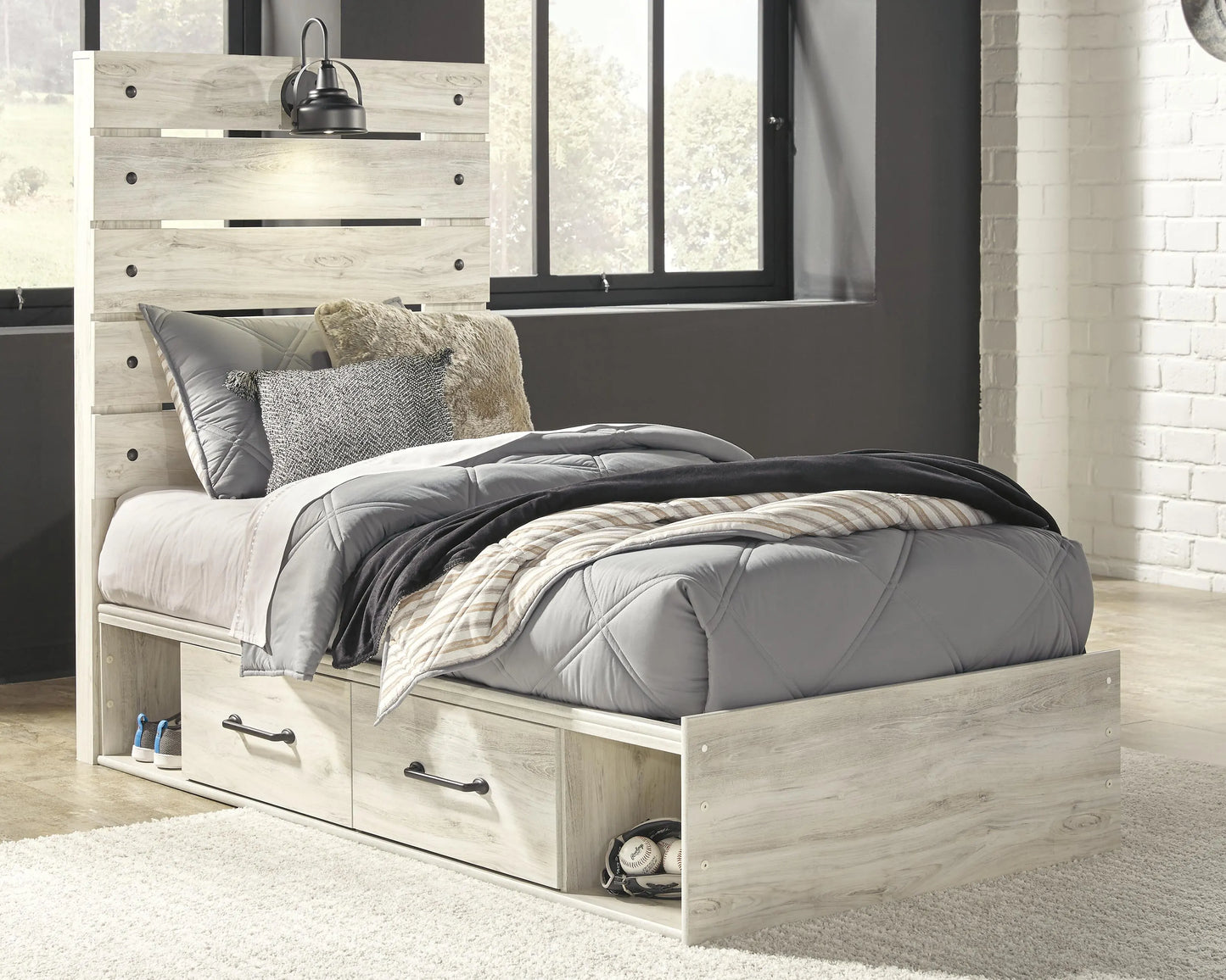 Cama individual Cambeck con panel y 4 cajones de almacenamiento