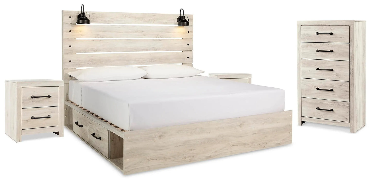 Cama King con paneles Cambeck con almacenaje, cómoda y 2 mesitas de noche