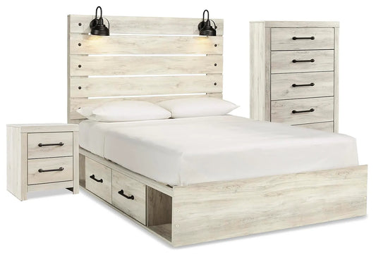 Cama de paneles Queen Cambeck con almacenamiento, cómoda y mesita de noche