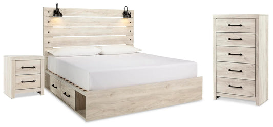 Cama King con paneles, almacenaje, cómoda y mesita de noche Cambeck