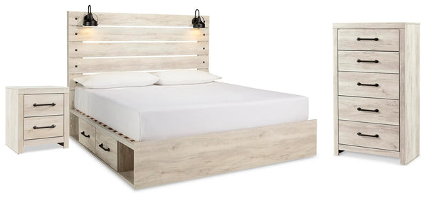 Cama King con paneles, almacenaje, cómoda y mesita de noche Cambeck