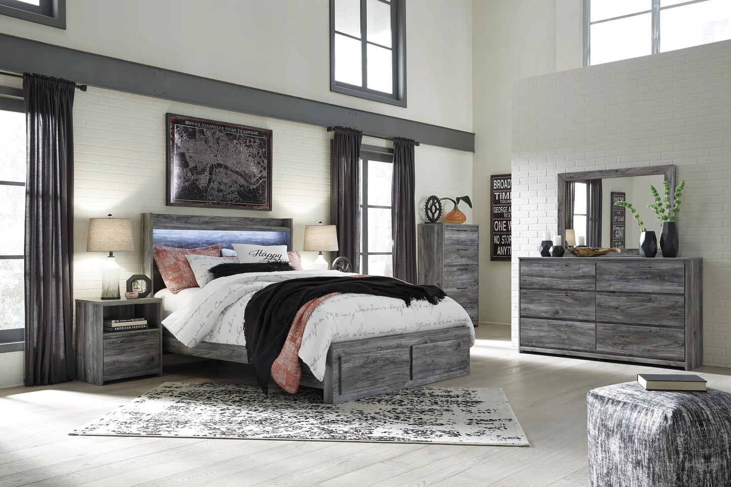 Cama de almacenamiento Baystorm Queen con panel, cómoda, espejo, baúl y 2 mesitas de noche
