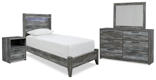 Cama doble con paneles, cómoda, espejo y mesita de noche Baystorm