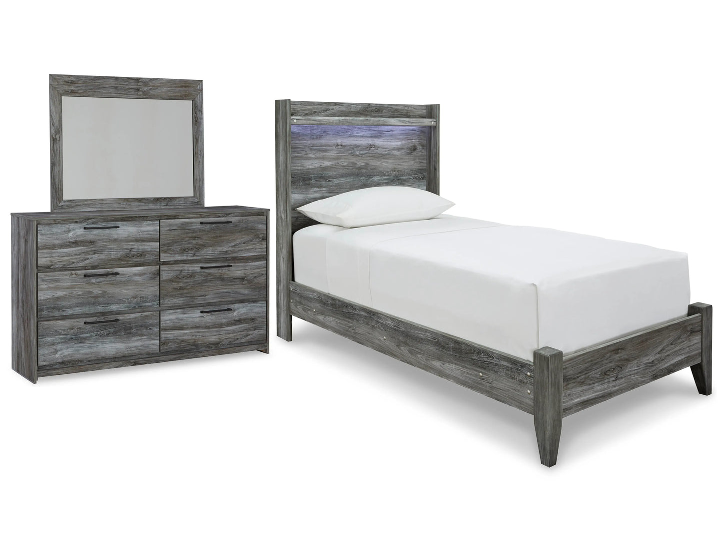 Cama doble con paneles, cómoda y espejo Baystorm