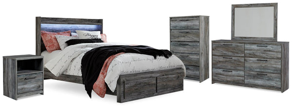 Cama de almacenamiento Baystorm Queen con panel, cómoda, espejo, baúl y 2 mesitas de noche