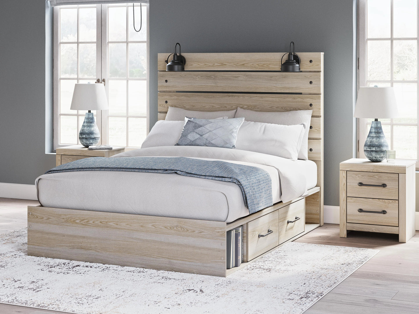 Cama matrimonial Senbry con paneles y almacenamiento
