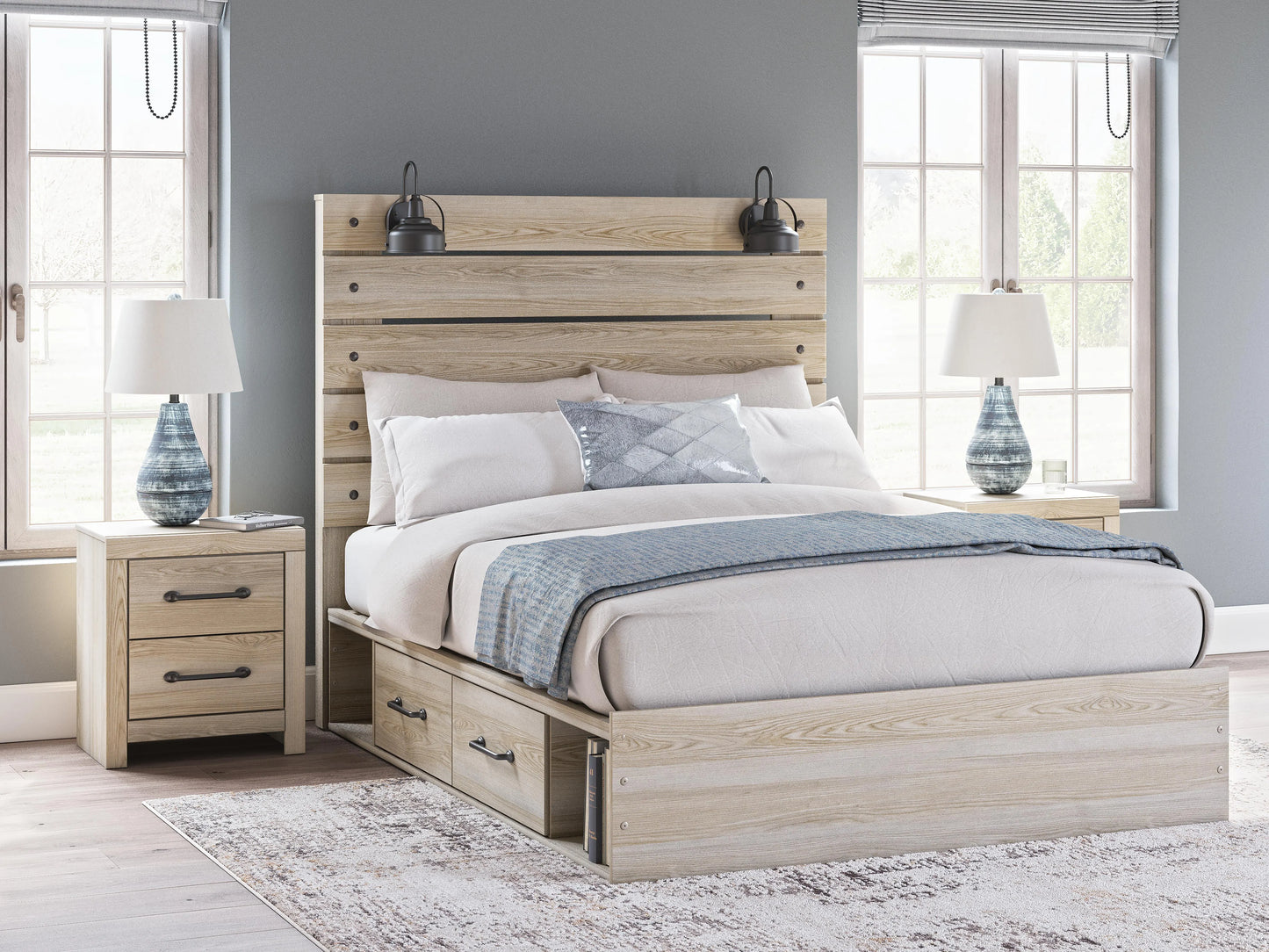 Cama matrimonial Senbry con paneles y almacenamiento