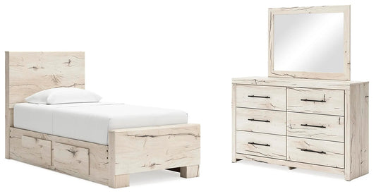 Cama de dos paneles Lawroy con almacenaje, cómoda y espejo