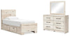 Cama de dos paneles Lawroy con almacenaje, cómoda y espejo