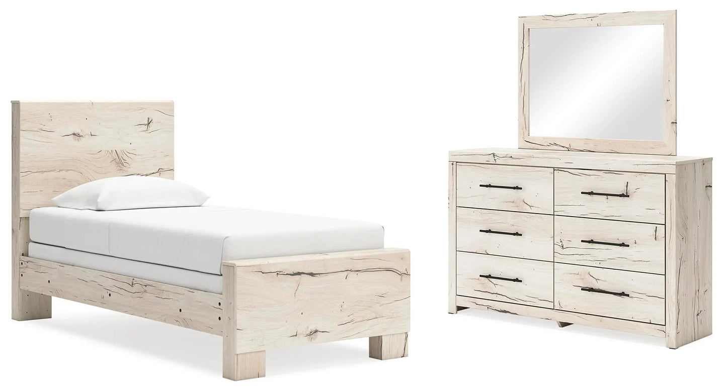 Cama con cabecero y piecero Lawroy, cómoda y espejo