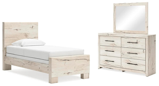 Cama con cabecero y piecero Lawroy, cómoda y espejo
