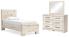 Cama con cabecero y piecero Lawroy, cómoda y espejo
