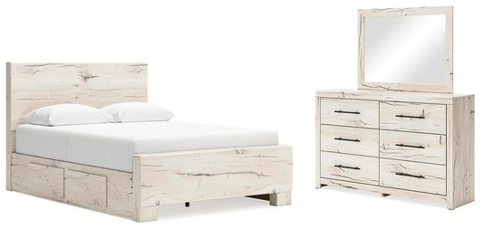 Cama Lawroy Queen con panel y almacenamiento, cómoda y espejo