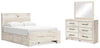 Cama Lawroy Queen con panel y almacenamiento, cómoda y espejo