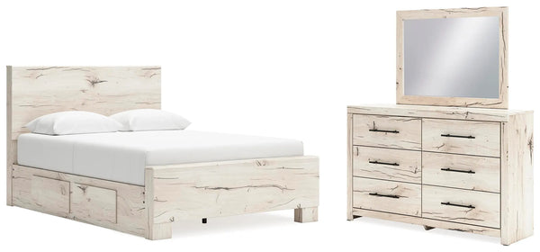 Cama Lawroy Queen con panel y almacenamiento, cómoda y espejo