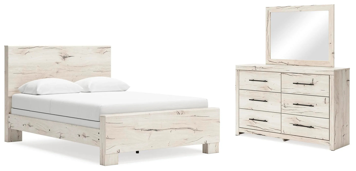 Cama con panel Lawroy Queen, cómoda y espejo