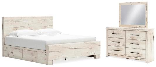 Cama con paneles Lawroy King con almacenamiento, tocador y espejo