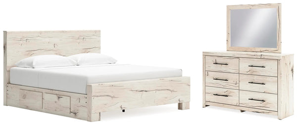 Cama con paneles Lawroy King con almacenamiento, tocador y espejo