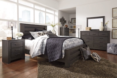 Cama de paneles Brinxton Queen, cómoda, espejo, cajonera y mesita de noche