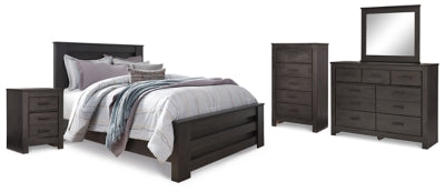 Cama de paneles Brinxton Queen, cómoda, espejo, cajonera y mesita de noche