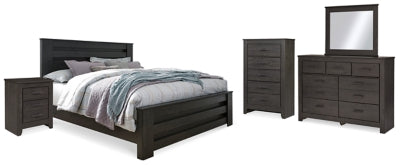 Cama Brinxton King, Cómoda, Espejo, Chifonier y Mesita de Noche