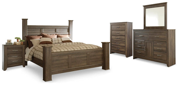 Cama tamaño King Juararo con dosel, cómoda, espejo, arcón y mesita de noche