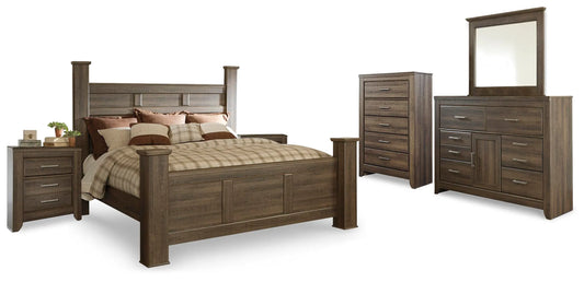 Cama tamaño King, tocador, espejo, cómoda y 2 mesitas de noche Juararo