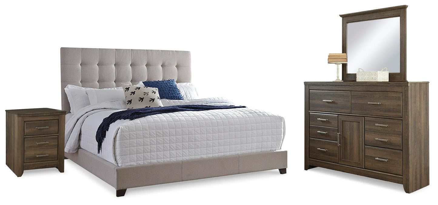 Cama tapizada Dolante Queen, cómoda, espejo y mesita de noche