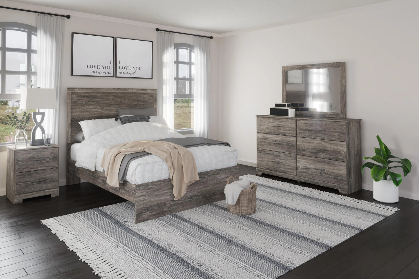 Cama de panel completo, cómoda, espejo y mesita de noche Ralinksi