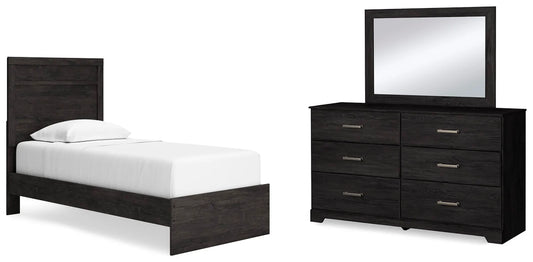 Cama de dos paneles, cómoda y espejo Belachime