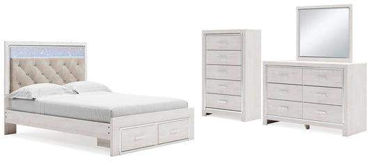 Cama Altyra Queen con panel de almacenamiento, cómoda, espejo y sinfonier