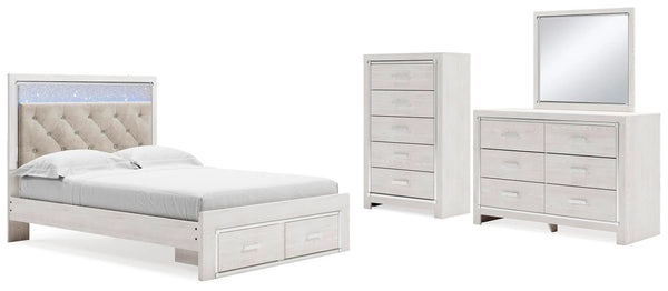 Cama Altyra Queen con panel de almacenamiento, cómoda, espejo y sinfonier