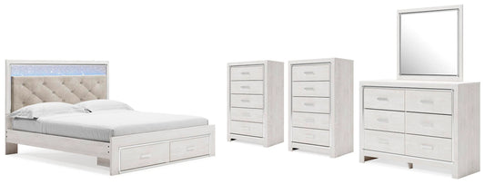 Cama con almacenaje Altyra King, cómoda, espejo y 2 chifoniers