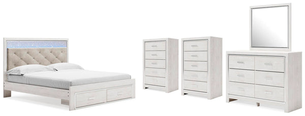 Cama con almacenaje Altyra King, cómoda, espejo y 2 chifoniers
