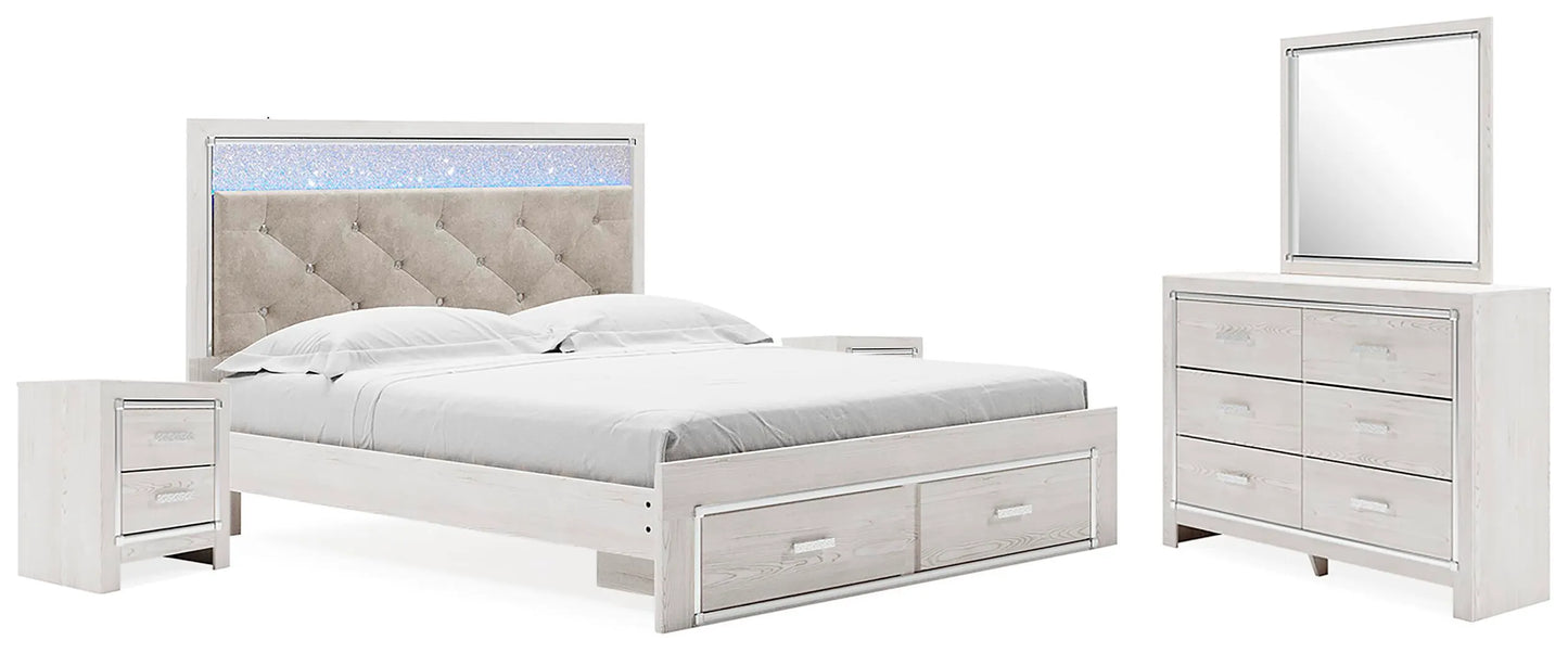 Cama tapizada con almacenaje Altyra King, tocador, espejo y 2 mesitas de noche