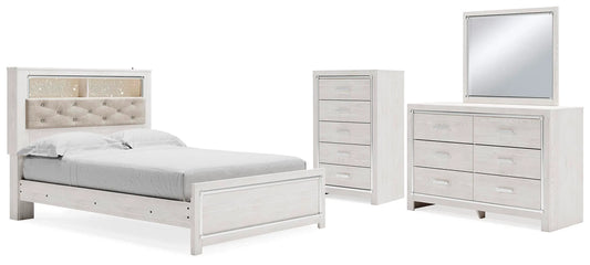 Cama con paneles tipo librero Queen Altyra, cómoda, espejo y arcón