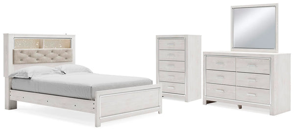 Cama con paneles tipo librero Queen Altyra, cómoda, espejo y arcón