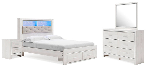 Cama Altyra Queen con panel de almacenamiento, cómoda, espejo y mesita de noche
