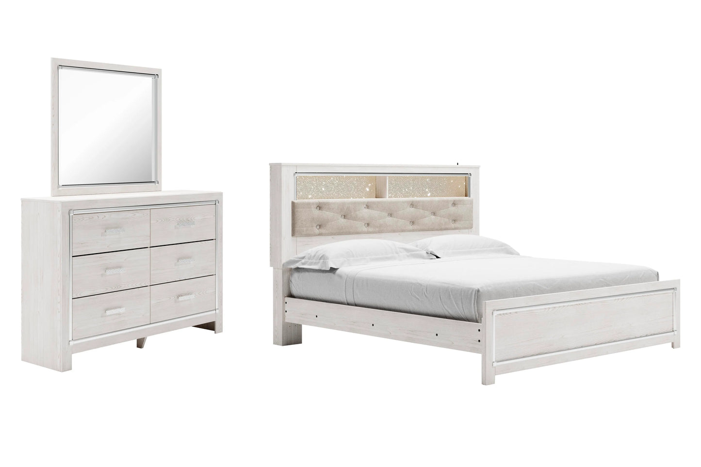 Cama de plataforma con estantería, cómoda y espejo Altyra King