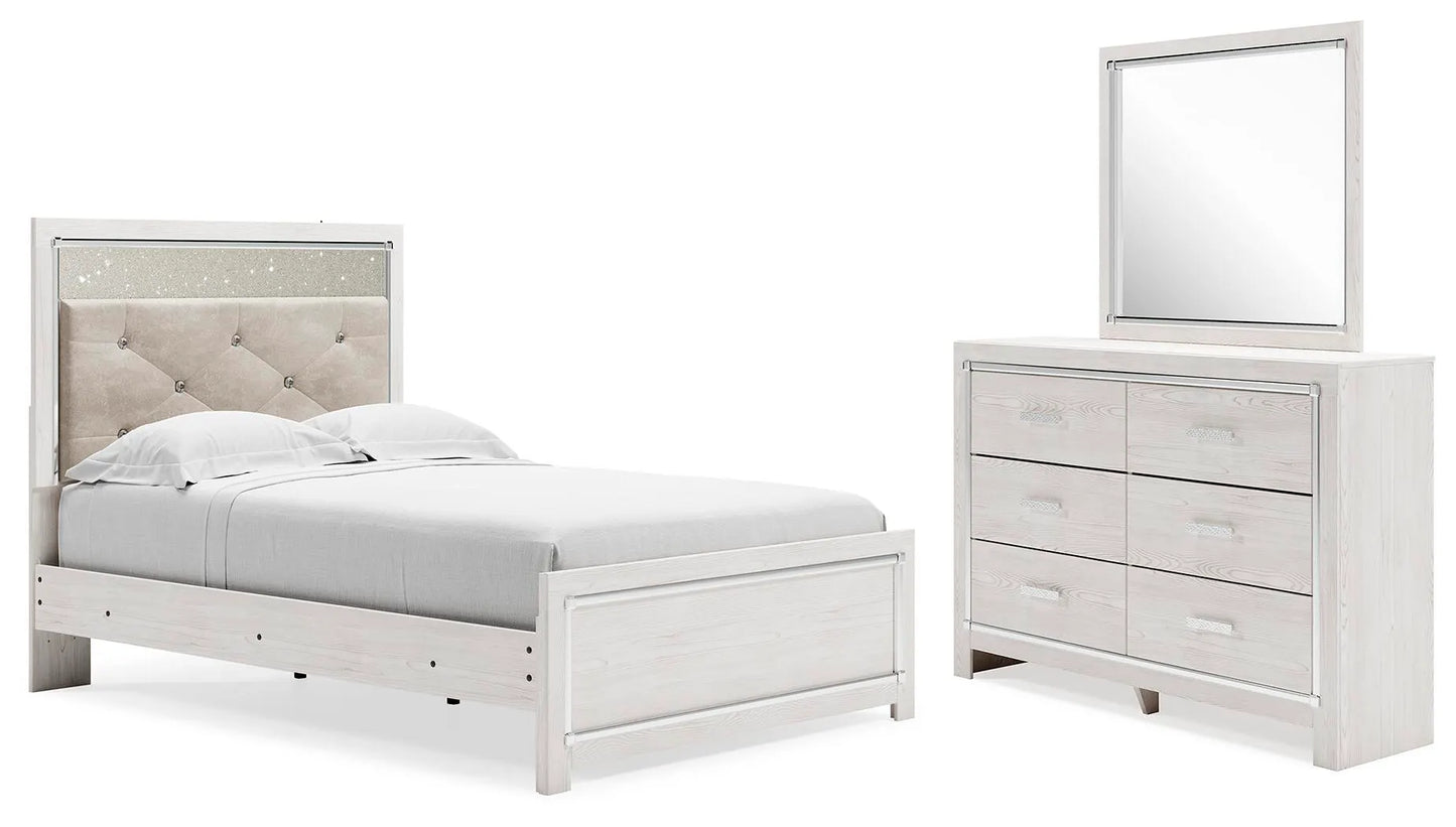 Cama de panel completo, cómoda y espejo Altyra