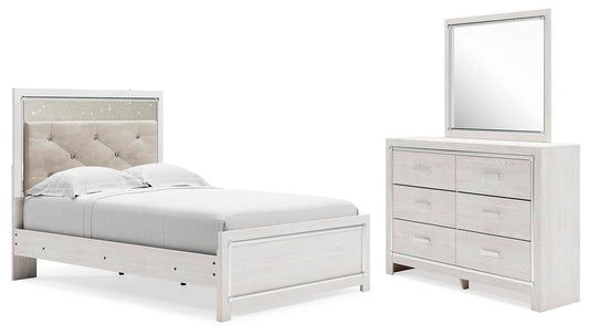 Cama de panel completo, cómoda y espejo Altyra