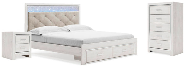 Cama Altyra tamaño King con almacenaje, cómoda y mesita de noche